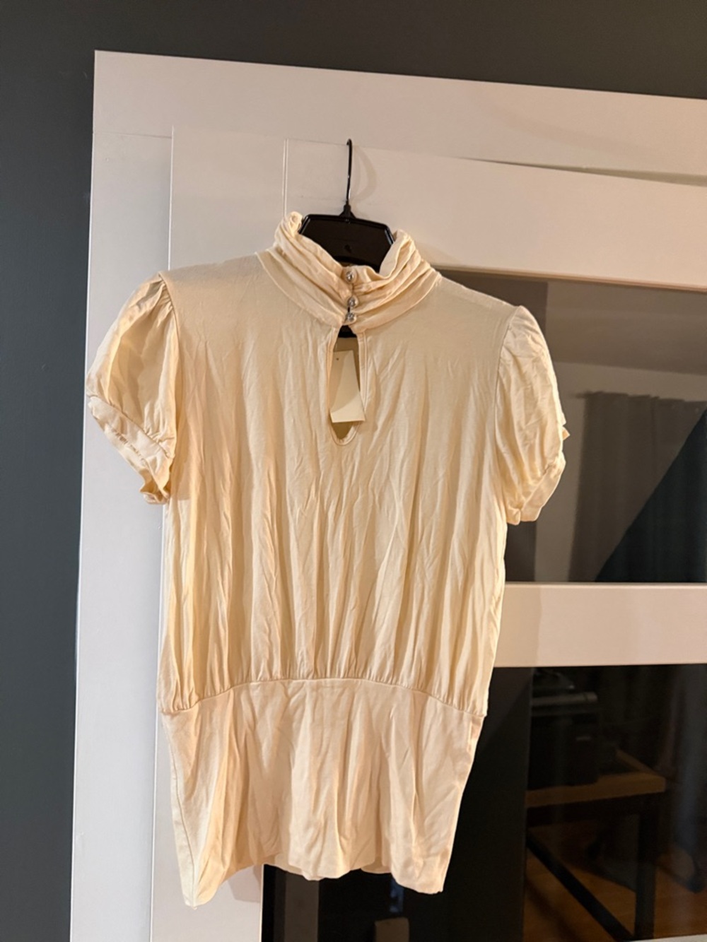 Arden B Cream Short Sleeve Mock Neck Keyhole Top